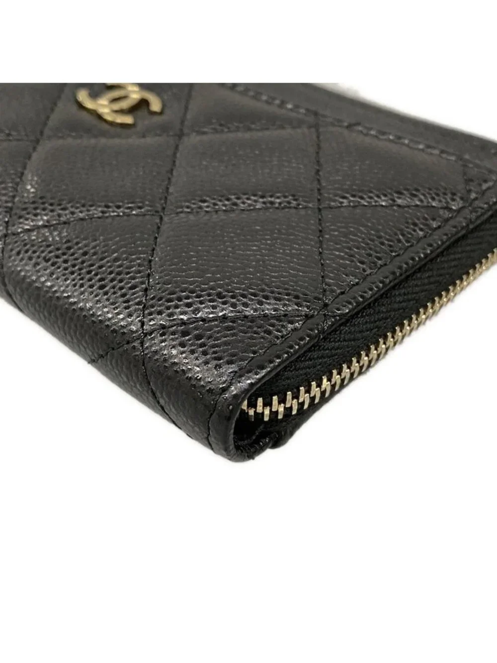 Chanel Coin Purse Classic Zip Card Case Quilted Black Gold CC Logo L-shaped